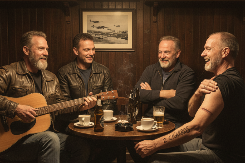 Cuatro amigos en una taberna de madera; uno toca la guitarra, los demás ríen con café y cerveza. Al fondo, maquetas y una foto de aviones.