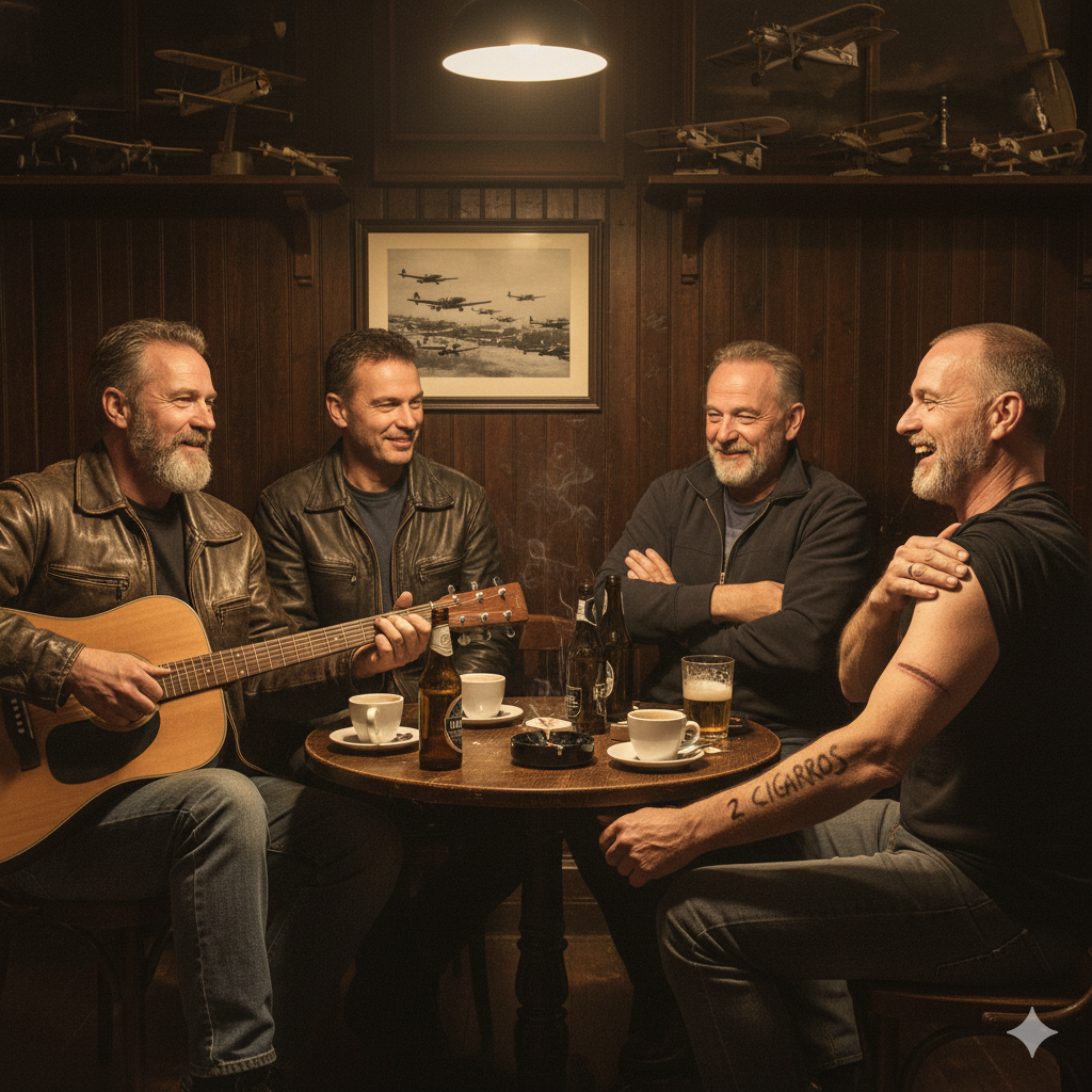 Cuatro amigos en una taberna de madera; uno toca la guitarra, los demás ríen con café y cerveza. Al fondo, maquetas y una foto de aviones.